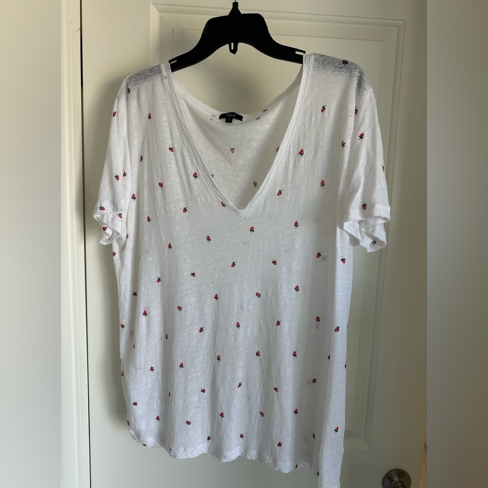 Rails White V-Neck Short Sleeve Tee with Red Strawberries